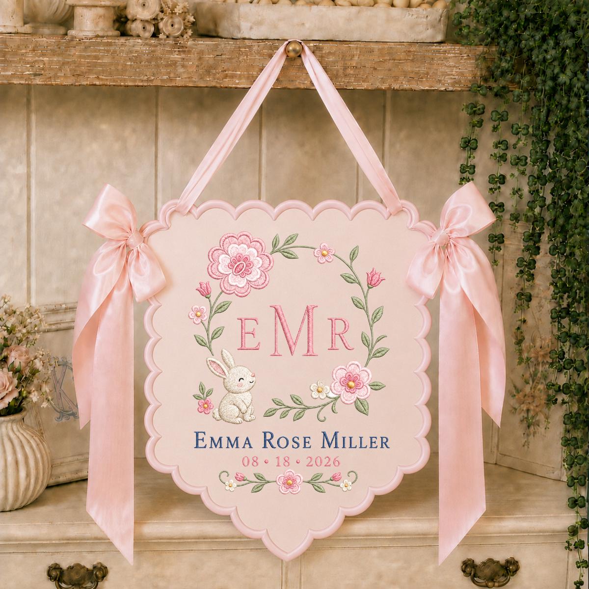 Personalized Bunny Monogram Banner, Emma Rose Miller Wall Hanging, Floral Scalloped Ornament, Lavender Bow Decor, Baby Girl Gift
