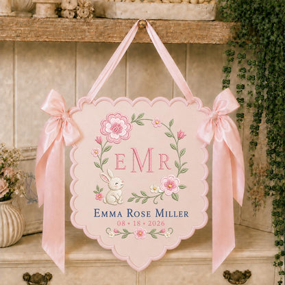 Personalized Bunny Monogram Banner, Emma Rose Miller Wall Hanging, Floral Scalloped Ornament, Lavender Bow Decor, Baby Girl Gift