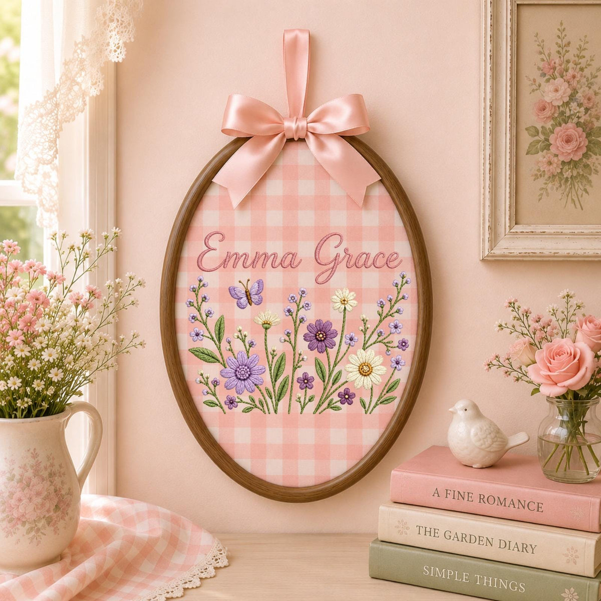 Personalized Wildflower Embroidered Ornament, Custom Baby Name Floral Hoop, Butterfly Nursery Decor, Baby Girl Name Sign, Baby Shower Gift