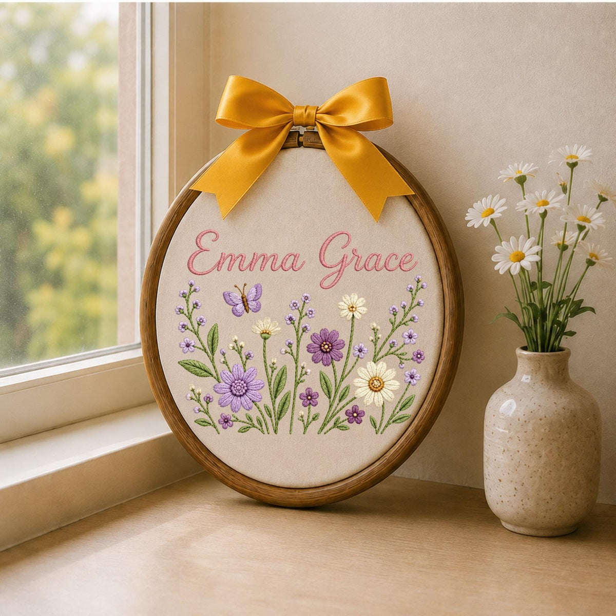 Personalized Wildflower Embroidered Ornament, Custom Baby Name Floral Hoop, Butterfly Nursery Decor, Baby Girl Name Sign, Baby Shower Gift