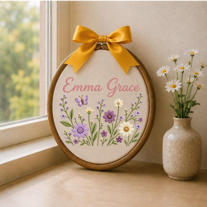 Personalized Wildflower Embroidered Ornament, Custom Baby Name Floral Hoop, Butterfly Nursery Decor, Baby Girl Name Sign, Baby Shower Gift