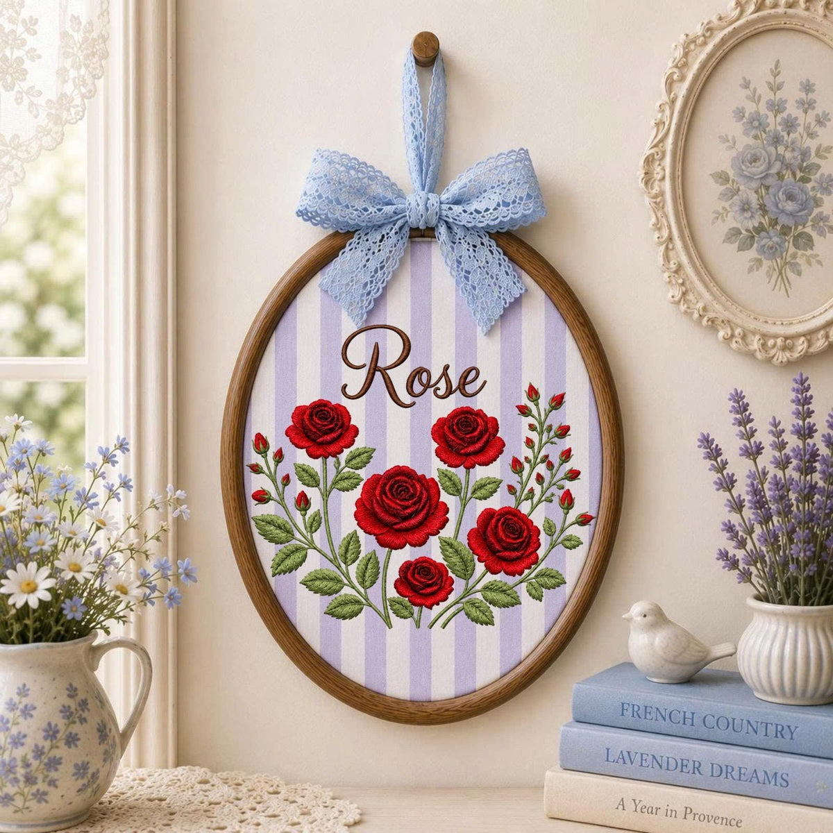 Personalized Rose Embroidered Ornament, Custom Name Floral Hoop, Red Rose Flower Decor, Birth Flower Keepsake, Personalized Gift for Her