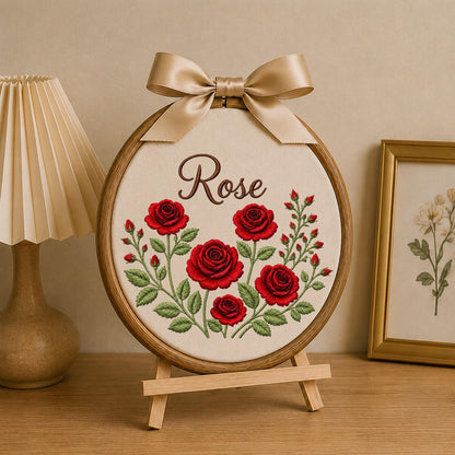 Personalized Rose Embroidered Ornament, Custom Name Floral Hoop, Red Rose Flower Decor, Birth Flower Keepsake, Personalized Gift for Her