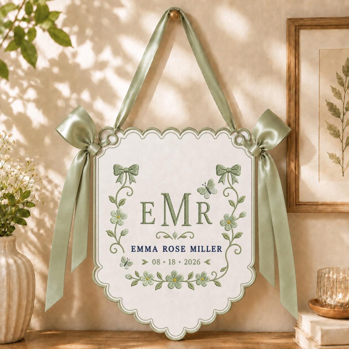 Custom Monogram Wall Hanging, Floral Embroidery Bow Banner, Personalized Name and Date Decor, Lavender Ribbon Wedding Keepsake