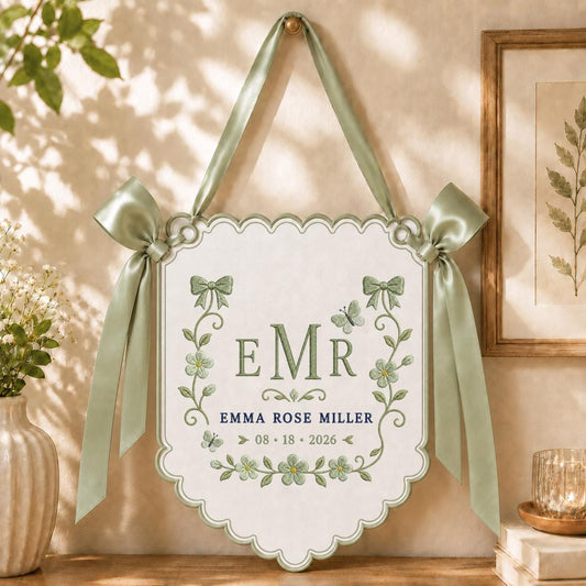 Custom Monogram Wall Hanging, Floral Embroidery Bow Banner, Personalized Name and Date Decor, Lavender Ribbon Wedding Keepsake