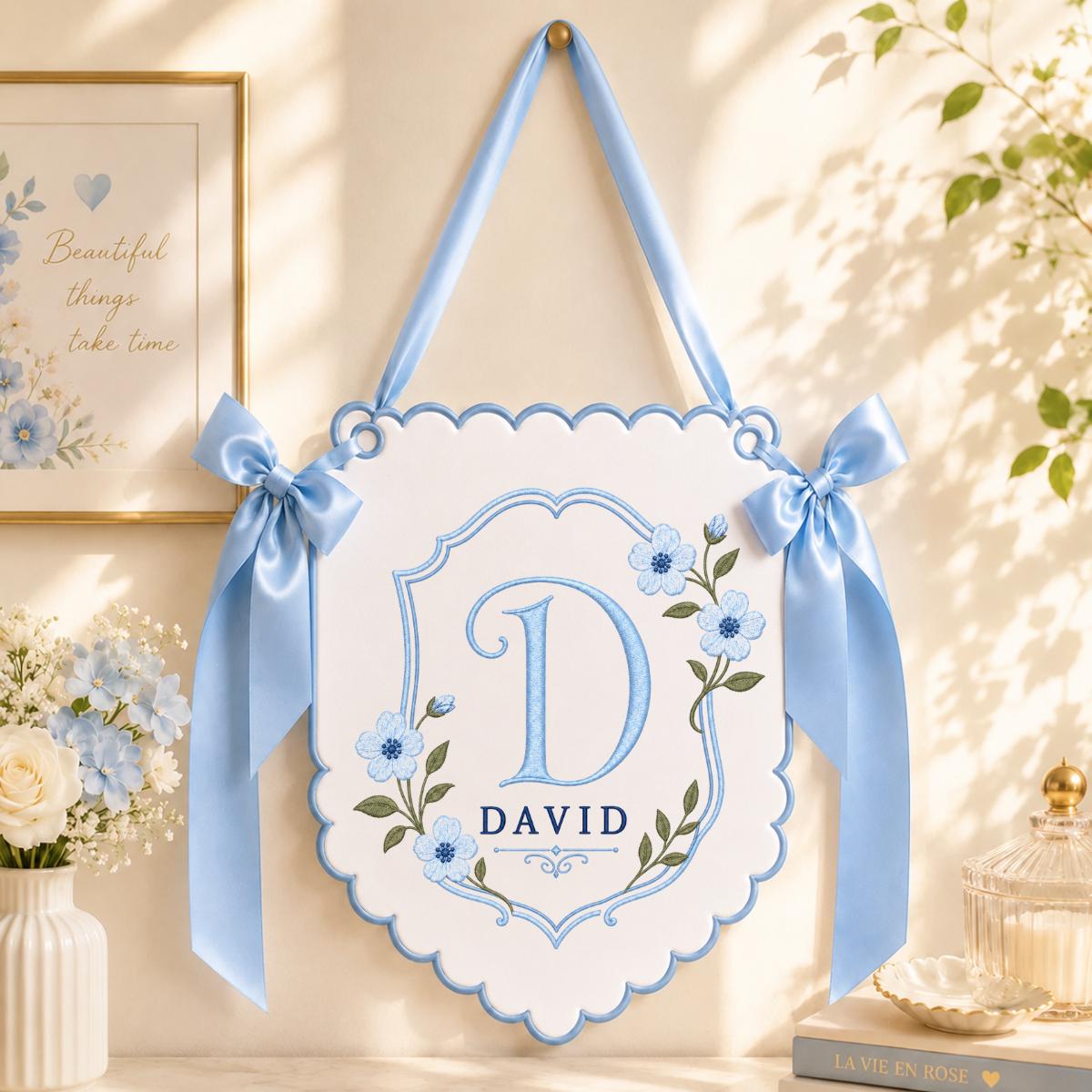 Personalized Monogram Bow Banner, David Initial D Wall Hanging, Floral Scalloped Ornament, Lavender Ribbon Decor, Custom Name Gift