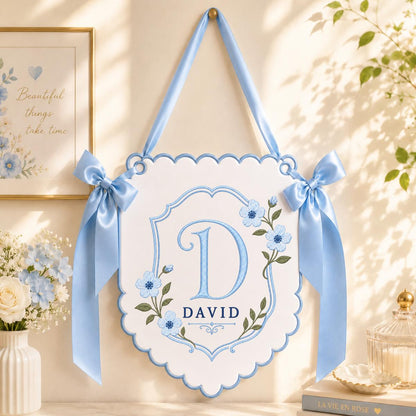 Personalized Monogram Bow Banner, David Initial D Wall Hanging, Floral Scalloped Ornament, Lavender Ribbon Decor, Custom Name Gift