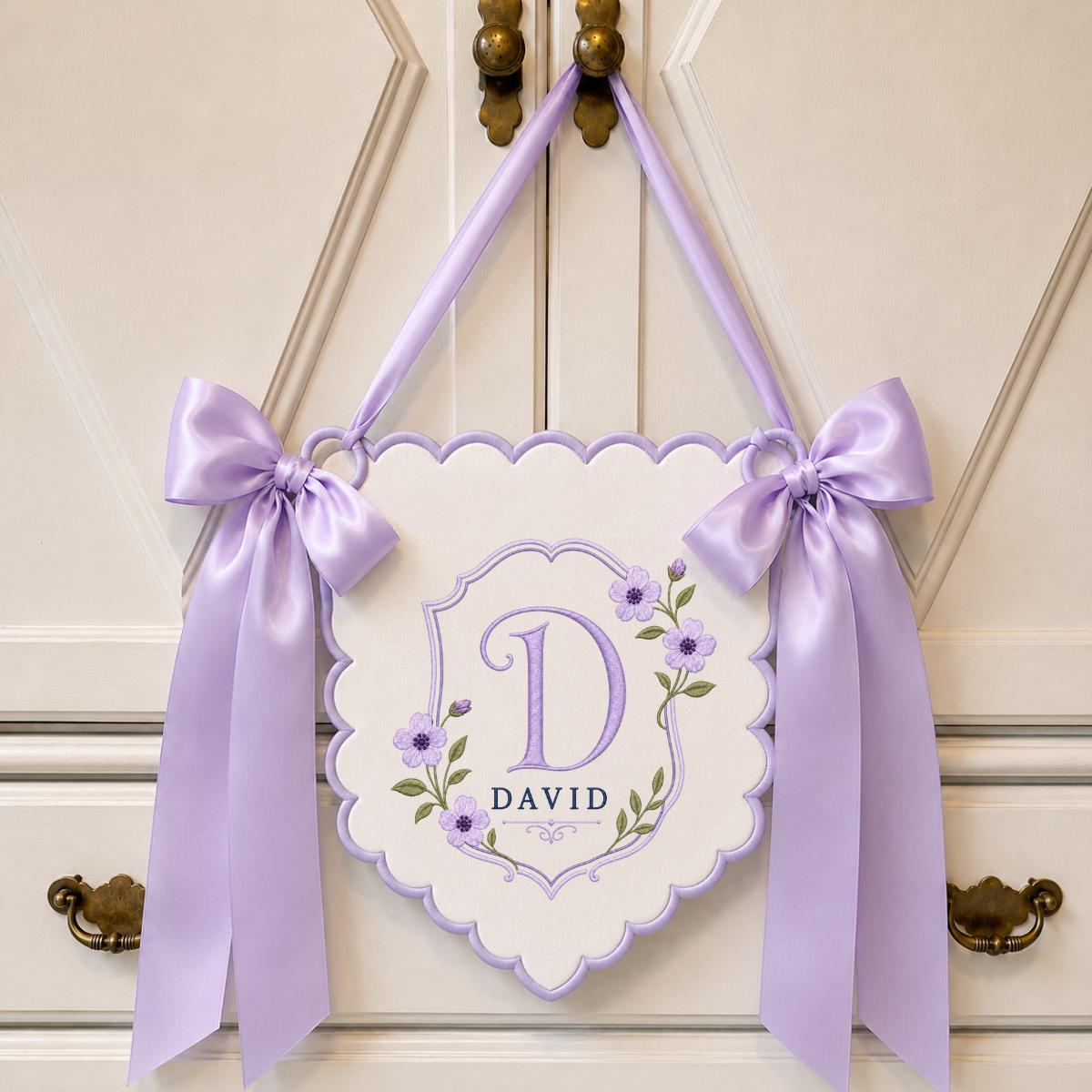 Personalized Monogram Bow Banner, David Initial D Wall Hanging, Floral Scalloped Ornament, Lavender Ribbon Decor, Custom Name Gift