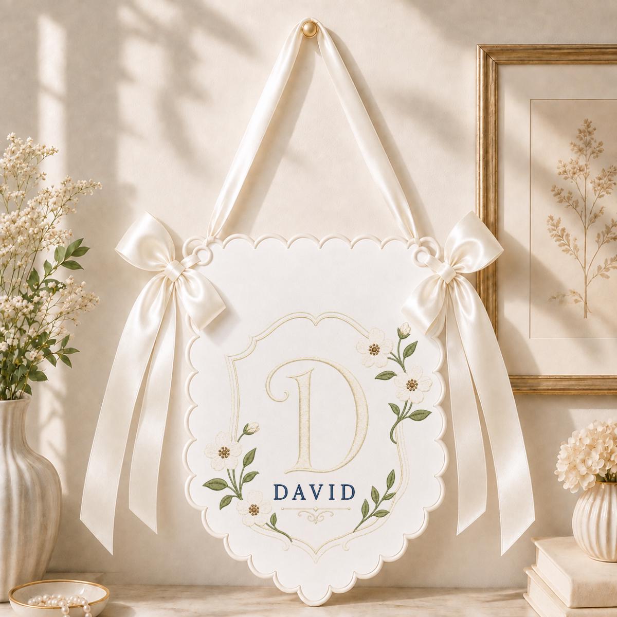 Personalized Monogram Bow Banner, David Initial D Wall Hanging, Floral Scalloped Ornament, Lavender Ribbon Decor, Custom Name Gift