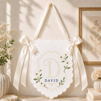 Personalized Monogram Bow Banner, David Initial D Wall Hanging, Floral Scalloped Ornament, Lavender Ribbon Decor, Custom Name Gift