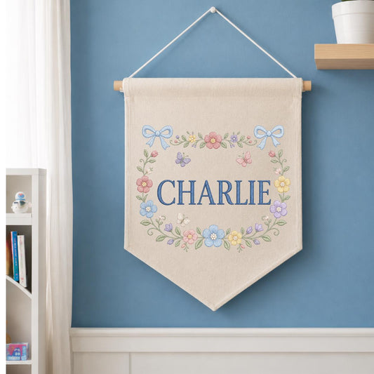 Personalized Floral Wall Hanging, Charlie Name Banner, Embroidered Garden Pennant, Colorful Flower Nursery Decor, Baby Shower Gift