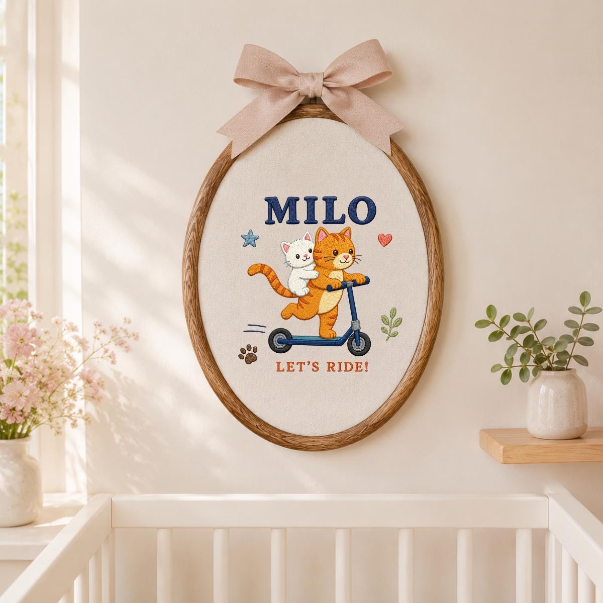 Personalized Cat Scooter Ornament, Milo Embroidery Hoop Wall Hanging, Cute Cat Couple Decor, Custom Name Gift, Kids Room Decoration