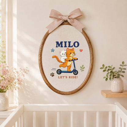 Personalized Cat Scooter Ornament, Milo Embroidery Hoop Wall Hanging, Cute Cat Couple Decor, Custom Name Gift, Kids Room Decoration