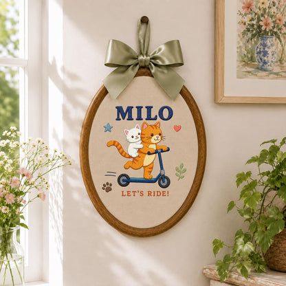 Personalized Cat Scooter Ornament, Milo Embroidery Hoop Wall Hanging, Cute Cat Couple Decor, Custom Name Gift, Kids Room Decoration