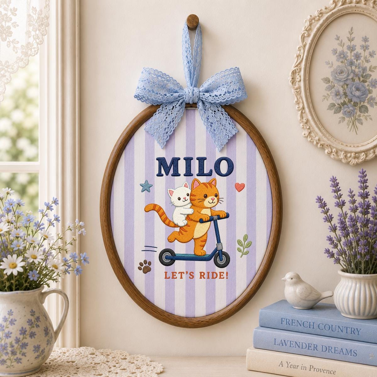 Personalized Cat Scooter Ornament, Milo Embroidery Hoop Wall Hanging, Cute Cat Couple Decor, Custom Name Gift, Kids Room Decoration