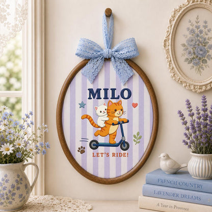 Personalized Cat Scooter Ornament, Milo Embroidery Hoop Wall Hanging, Cute Cat Couple Decor, Custom Name Gift, Kids Room Decoration