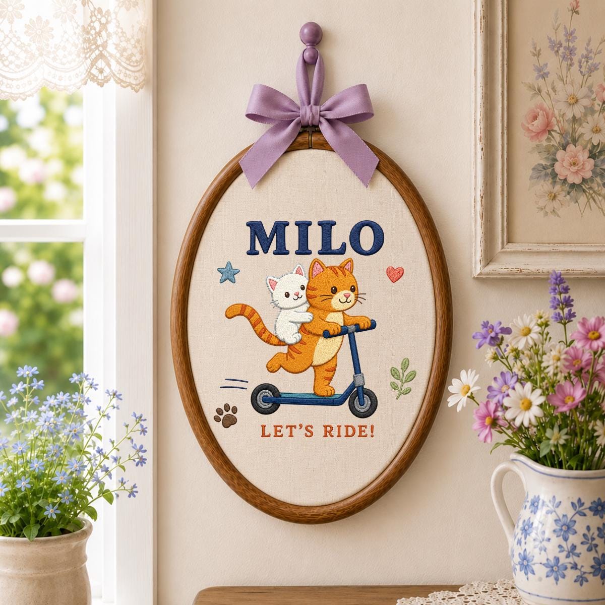 Personalized Cat Scooter Ornament, Milo Embroidery Hoop Wall Hanging, Cute Cat Couple Decor, Custom Name Gift, Kids Room Decoration