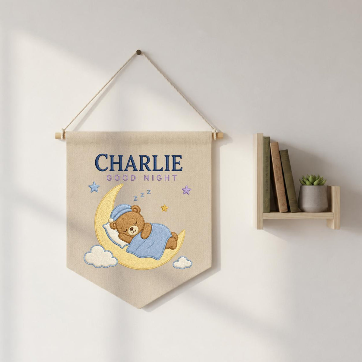 Personalized Sleepy Bear Pennant, Charlie Name Moon Wall Decor, Teddy Bear Embroidery Banner, Nursery Wall Hanging, Baby Gift