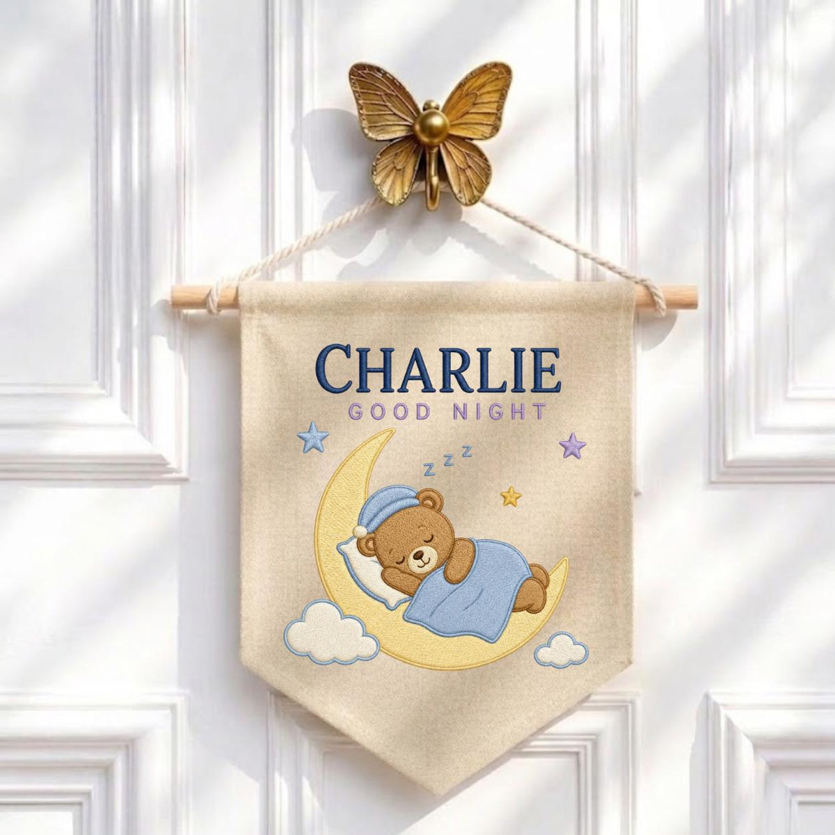 Personalized Sleepy Bear Pennant, Charlie Name Moon Wall Decor, Teddy Bear Embroidery Banner, Nursery Wall Hanging, Baby Gift