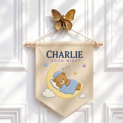 Personalized Sleepy Bear Pennant, Charlie Name Moon Wall Decor, Teddy Bear Embroidery Banner, Nursery Wall Hanging, Baby Gift