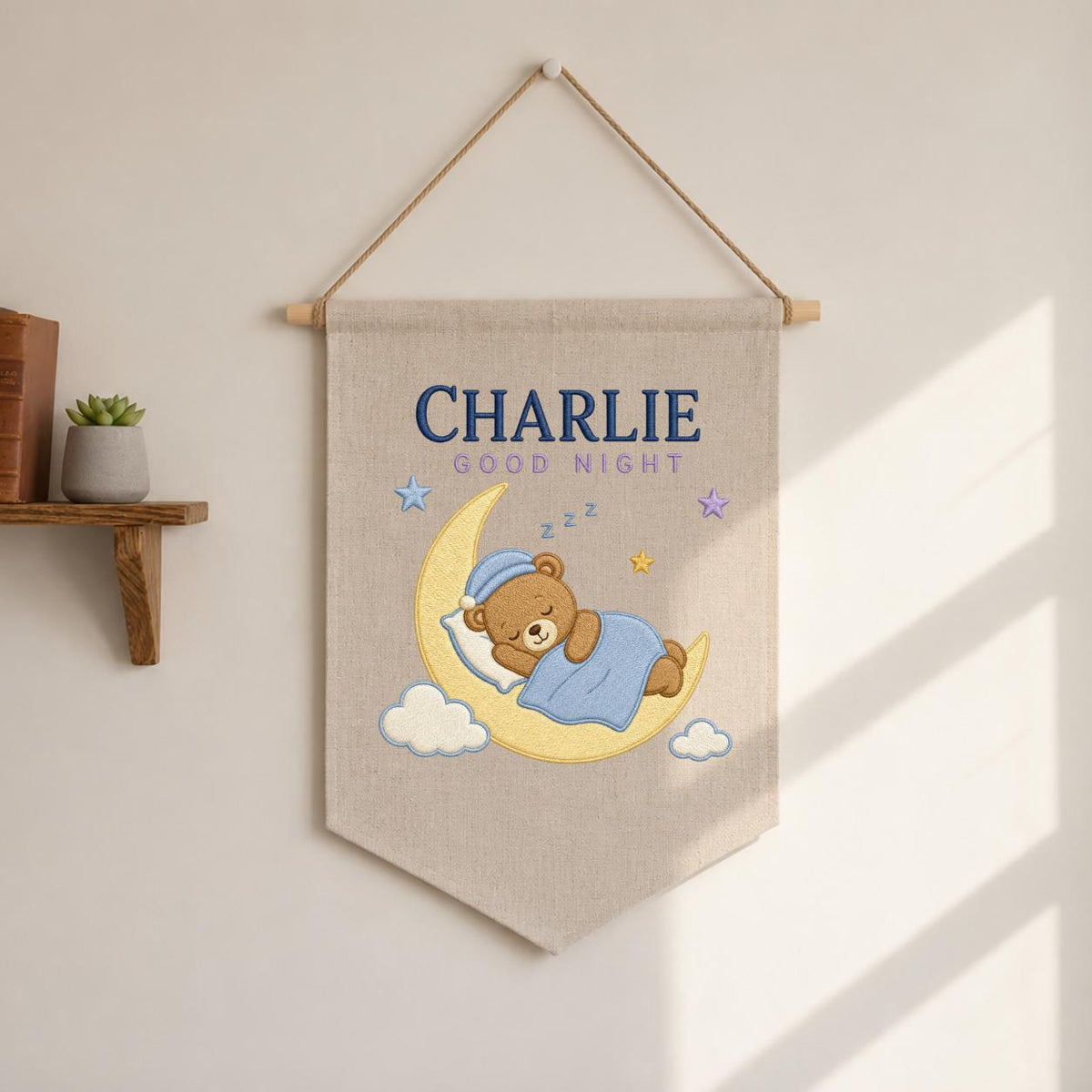 Personalized Sleepy Bear Pennant, Charlie Name Moon Wall Decor, Teddy Bear Embroidery Banner, Nursery Wall Hanging, Baby Gift