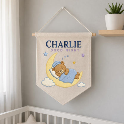 Personalized Sleepy Bear Pennant, Charlie Name Moon Wall Decor, Teddy Bear Embroidery Banner, Nursery Wall Hanging, Baby Gift