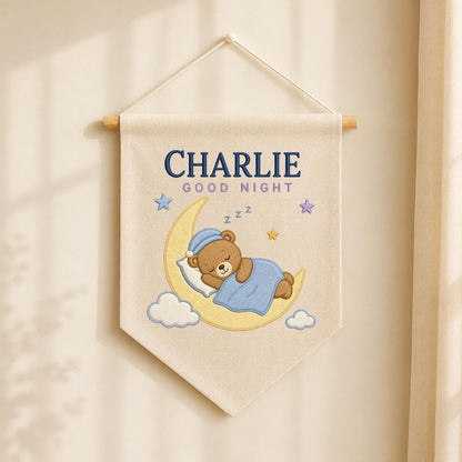 Personalized Sleepy Bear Pennant, Charlie Name Moon Wall Decor, Teddy Bear Embroidery Banner, Nursery Wall Hanging, Baby Gift