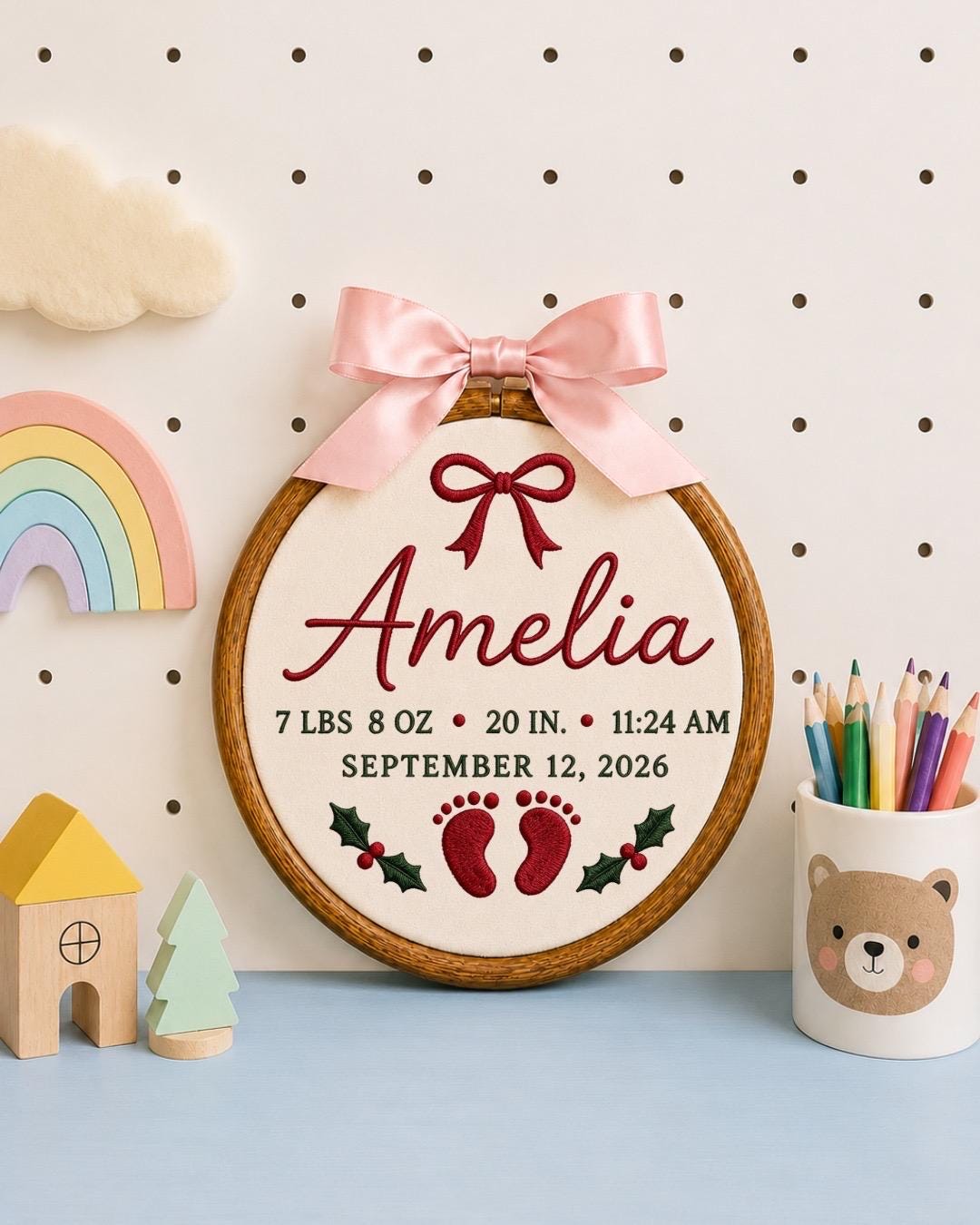 Personalized Baby Birth Stats Embroidered Ornament, Custom Newborn Name Hoop, Birth Announcement Keepsake, Baby Girl Christmas Gift