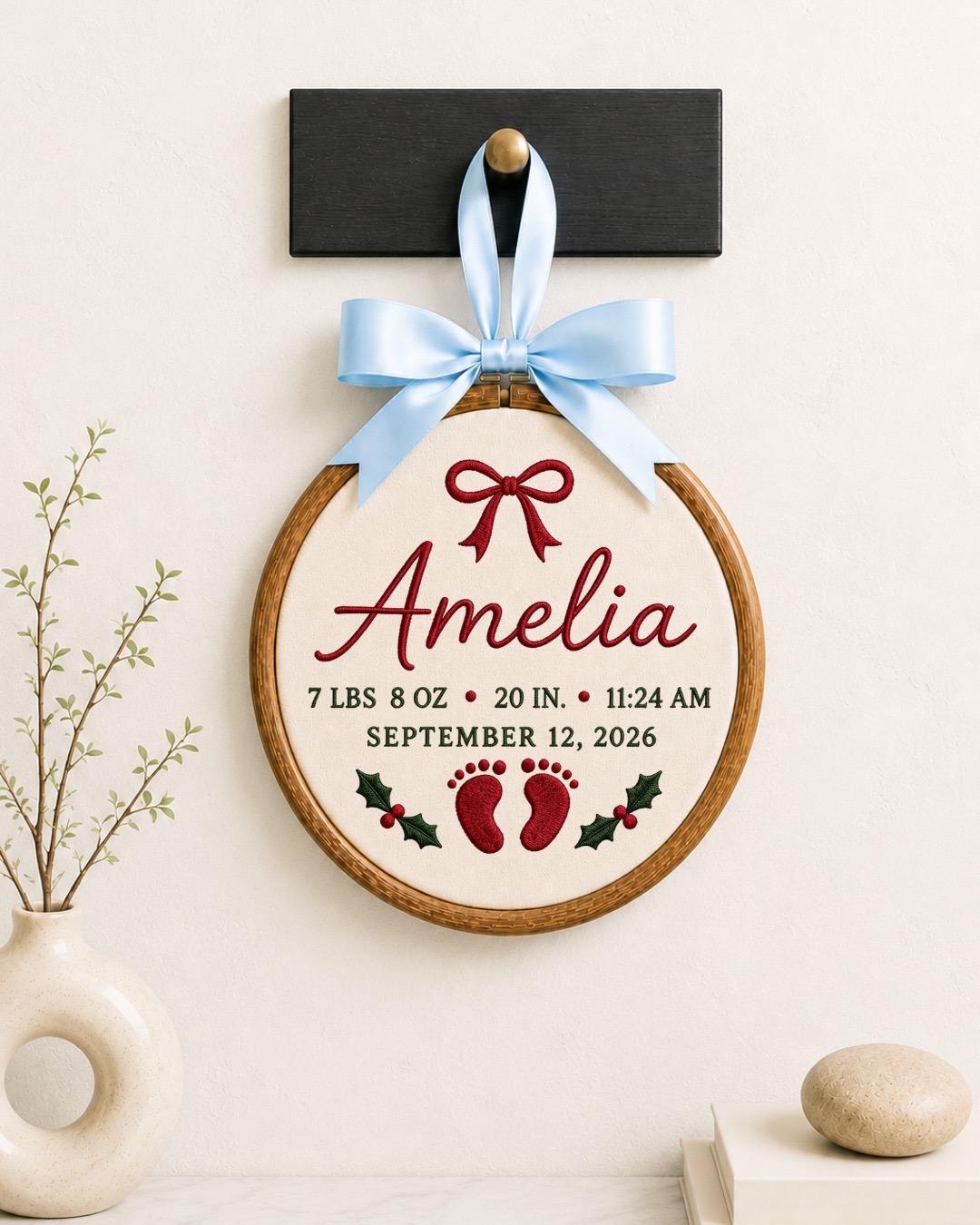 Personalized Baby Birth Stats Embroidered Ornament, Custom Newborn Name Hoop, Birth Announcement Keepsake, Baby Girl Christmas Gift