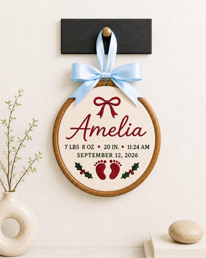 Personalized Baby Birth Stats Embroidered Ornament, Custom Newborn Name Hoop, Birth Announcement Keepsake, Baby Girl Christmas Gift