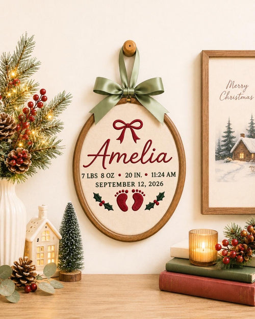 Personalized Baby Birth Stats Embroidered Ornament, Custom Newborn Name Hoop, Birth Announcement Keepsake, Baby Girl Christmas Gift