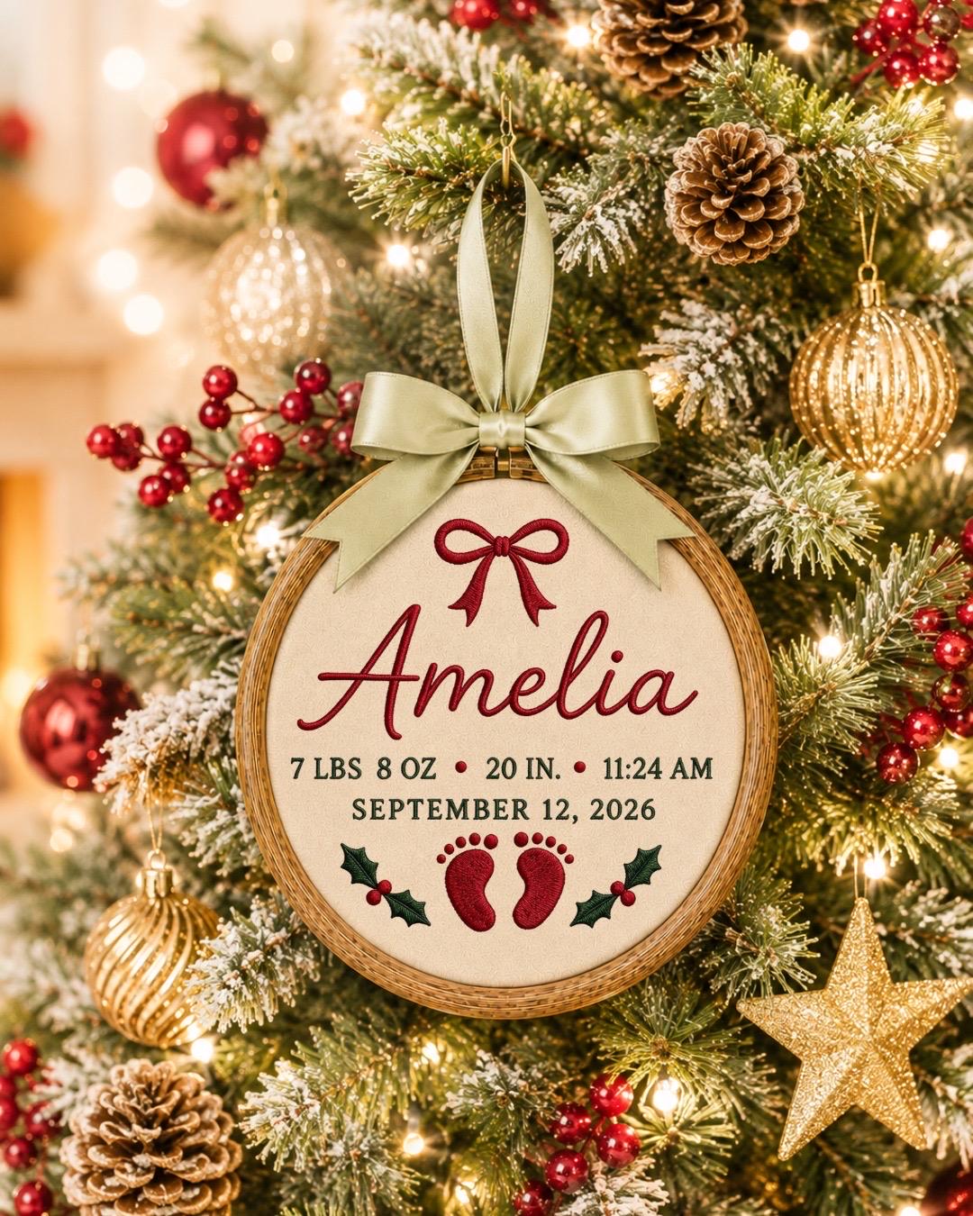 Personalized Baby Birth Stats Embroidered Ornament, Custom Newborn Name Hoop, Birth Announcement Keepsake, Baby Girl Christmas Gift