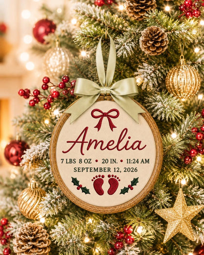 Personalized Baby Birth Stats Embroidered Ornament, Custom Newborn Name Hoop, Birth Announcement Keepsake, Baby Girl Christmas Gift