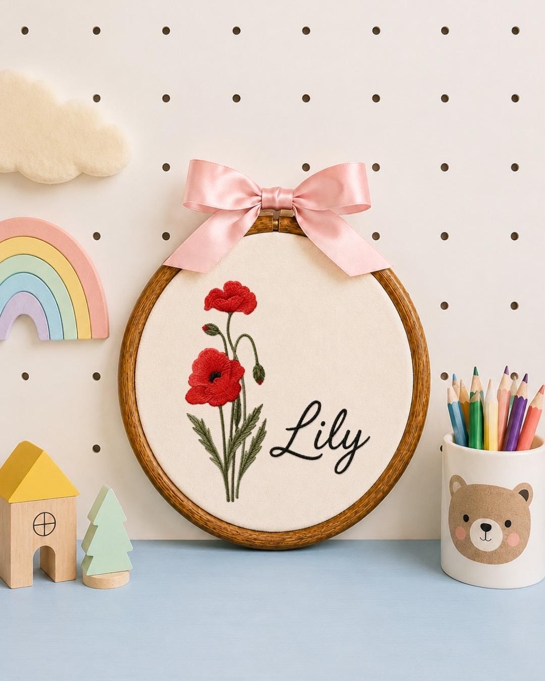 Personalized Birth Flower Embroidered Ornament, Custom Name Floral Hoop, Birth Month Flower Gift, Botanical Nursery Decor, Baby Keepsake