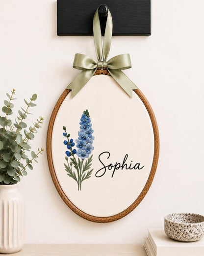 Personalized Birth Flower Embroidered Ornament, Custom Name Floral Hoop, Birth Month Flower Gift, Botanical Nursery Decor, Baby Keepsake