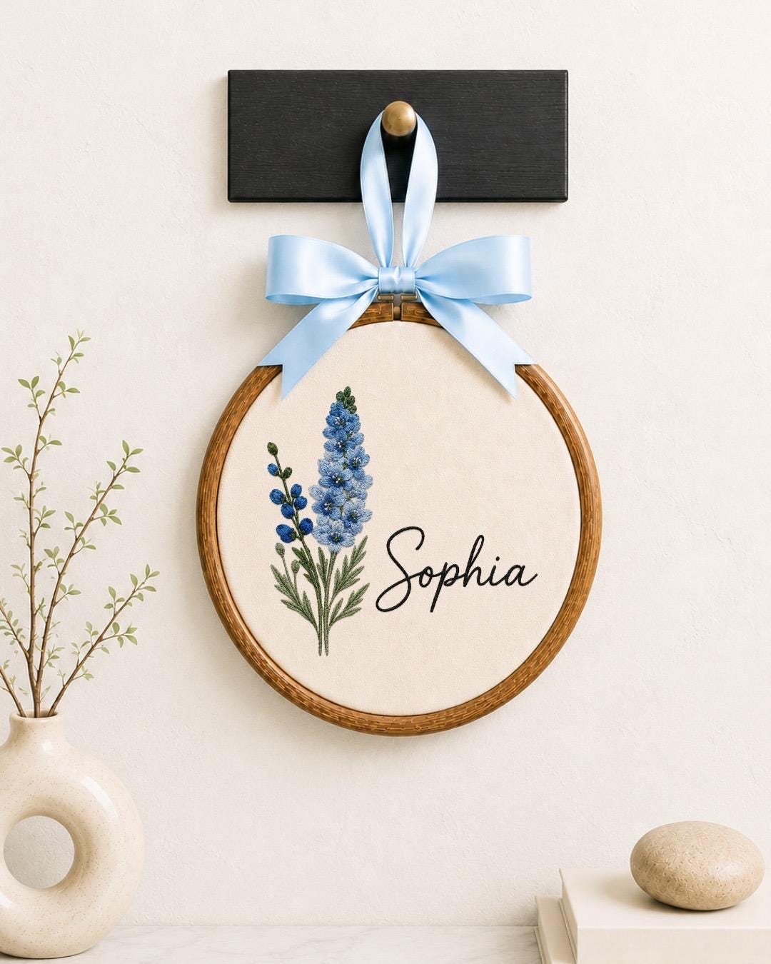 Personalized Birth Flower Embroidered Ornament, Custom Name Floral Hoop, Birth Month Flower Gift, Botanical Nursery Decor, Baby Keepsake