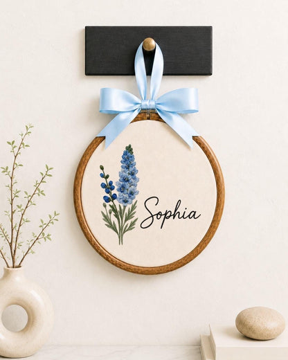 Personalized Birth Flower Embroidered Ornament, Custom Name Floral Hoop, Birth Month Flower Gift, Botanical Nursery Decor, Baby Keepsake