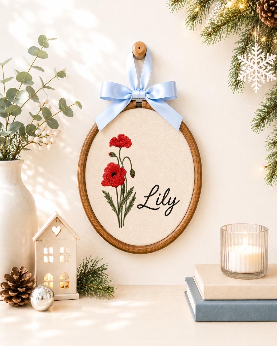 Personalized Birth Flower Embroidered Ornament, Custom Name Floral Hoop, Birth Month Flower Gift, Botanical Nursery Decor, Baby Keepsake