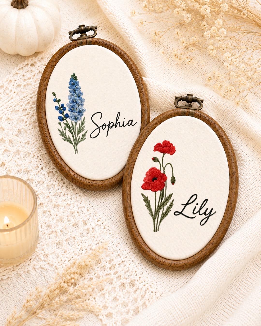 Personalized Birth Flower Embroidered Ornament, Custom Name Floral Hoop, Birth Month Flower Gift, Botanical Nursery Decor, Baby Keepsake