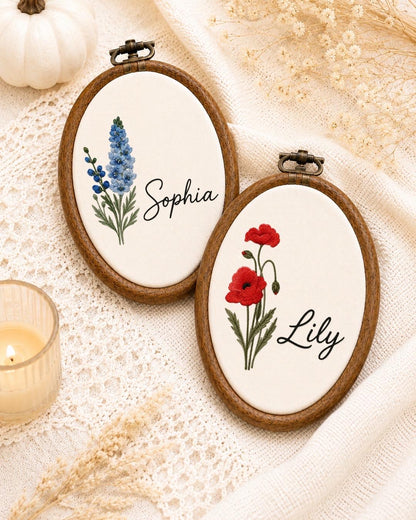 Personalized Birth Flower Embroidered Ornament, Custom Name Floral Hoop, Birth Month Flower Gift, Botanical Nursery Decor, Baby Keepsake
