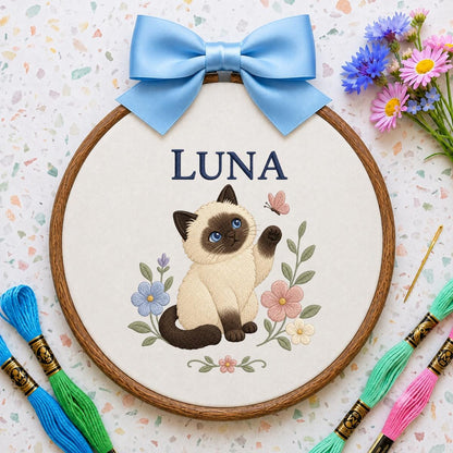 Personalized Cat Embroidery Ornament, Luna Siamese Cat Oval Hoop Wall Hanging, Floral Nursery Decor, Custom Name Gift, Cat Lover Keepsake