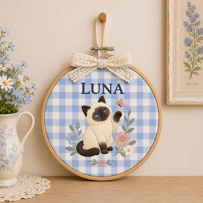 Personalized Cat Embroidery Ornament, Luna Siamese Cat Oval Hoop Wall Hanging, Floral Nursery Decor, Custom Name Gift, Cat Lover Keepsake