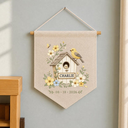 Personalized Birdhouse Wall Hanging, Charlie Name Embroidery Banner, Floral Bird and Nest Pennant, Custom Date Decor, Garden Gift