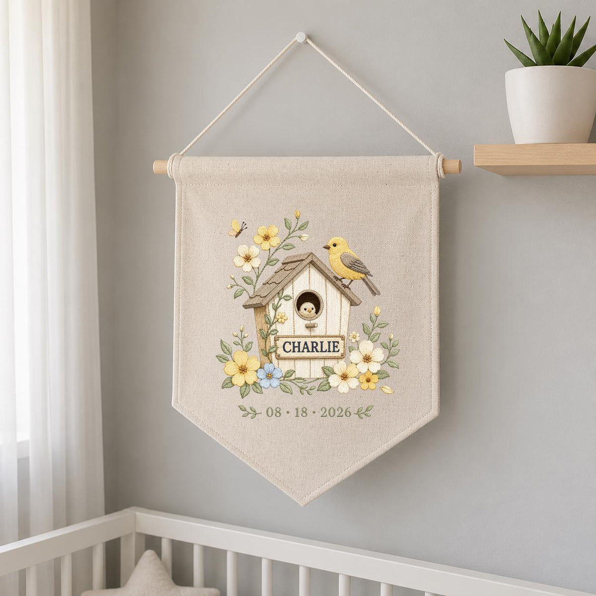 Personalized Birdhouse Wall Hanging, Charlie Name Embroidery Banner, Floral Bird and Nest Pennant, Custom Date Decor, Garden Gift