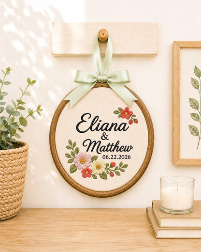 Personalized Couple Names Embroidered Ornament, Custom Wedding Date Floral Hoop, Anniversary Gift, Wedding Keepsake, Bridal Shower Gift