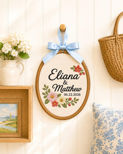 Personalized Couple Names Embroidered Ornament, Custom Wedding Date Floral Hoop, Anniversary Gift, Wedding Keepsake, Bridal Shower Gift