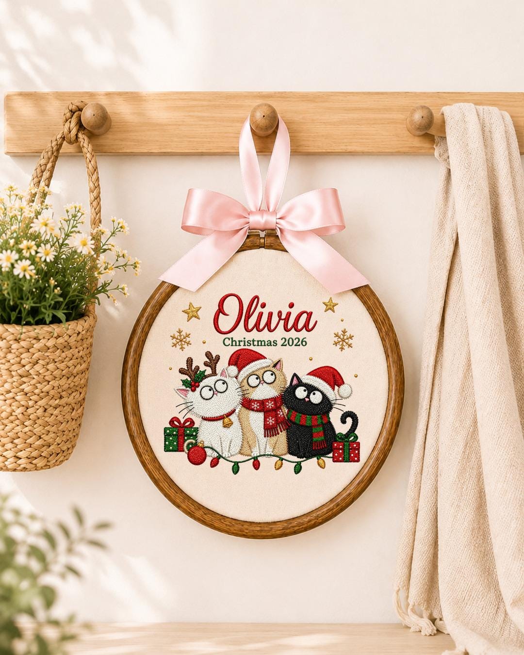Personalized Christmas Cat Embroidered Ornament, Custom Cat Name Hoop, Cat Lover Christmas Gift, Holiday Pet Keepsake, Christmas 2026