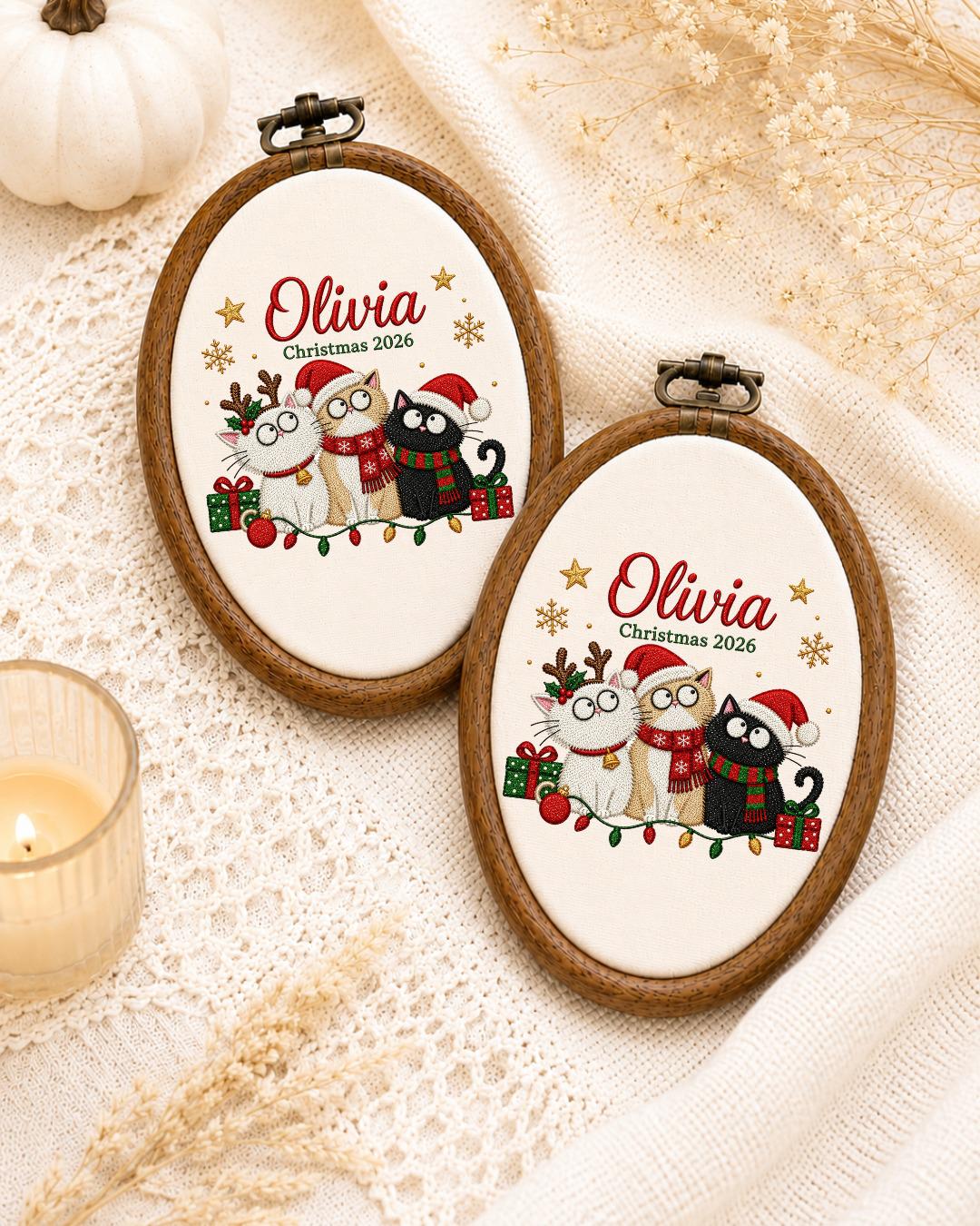 Personalized Christmas Cat Embroidered Ornament, Custom Cat Name Hoop, Cat Lover Christmas Gift, Holiday Pet Keepsake, Christmas 2026