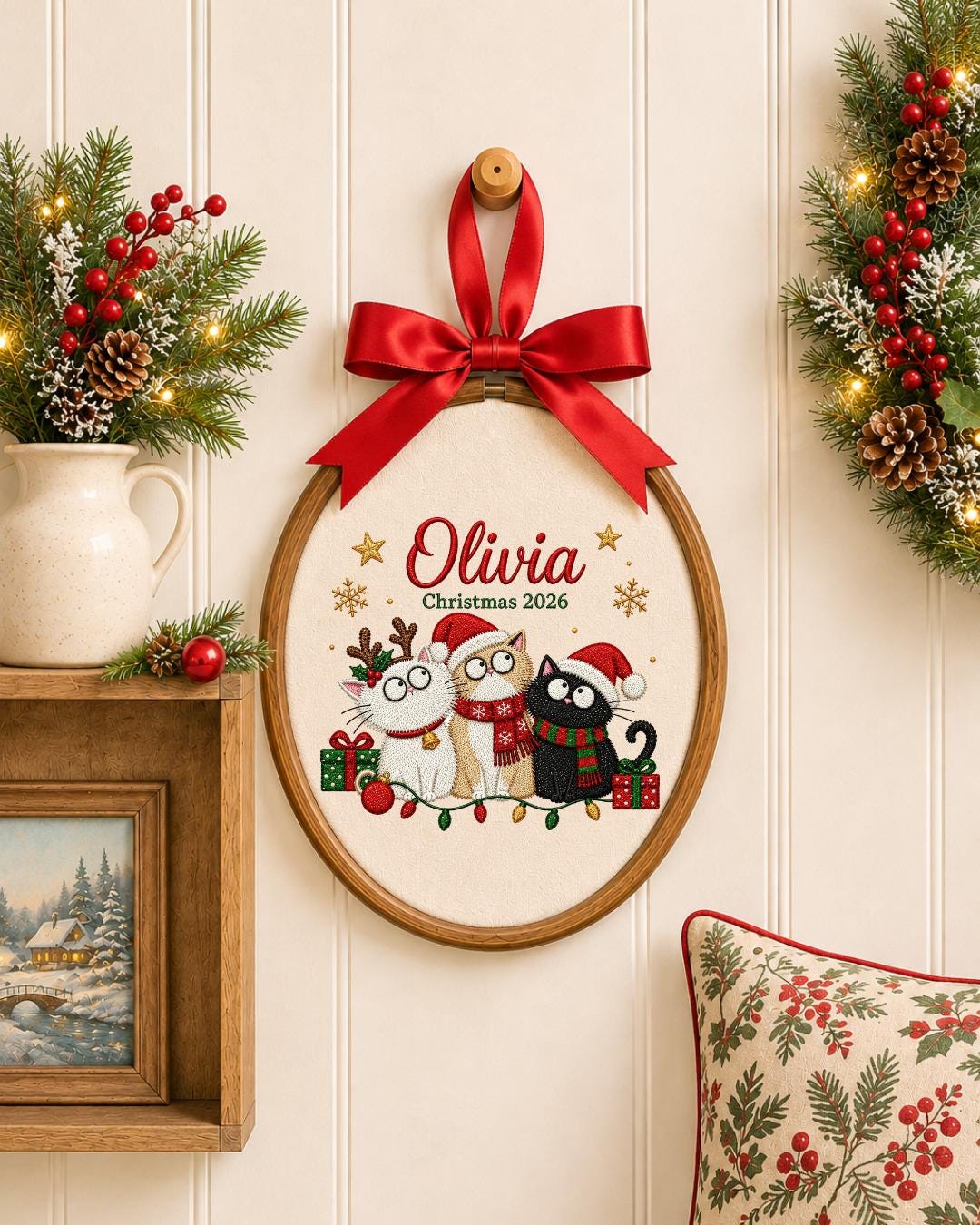 Personalized Christmas Cat Embroidered Ornament, Custom Cat Name Hoop, Cat Lover Christmas Gift, Holiday Pet Keepsake, Christmas 2026