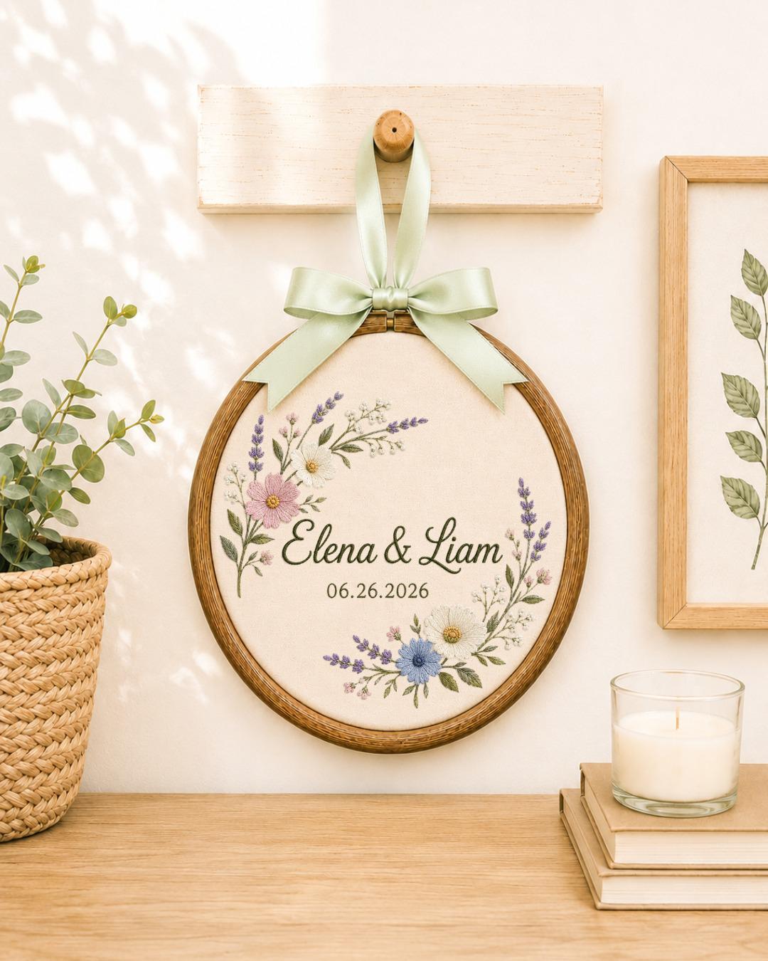Personalized Wedding Embroidered Ornament, Custom Couple Names Floral Hoop, Wedding Date Keepsake, Anniversary Gift, Bridal Shower Gift